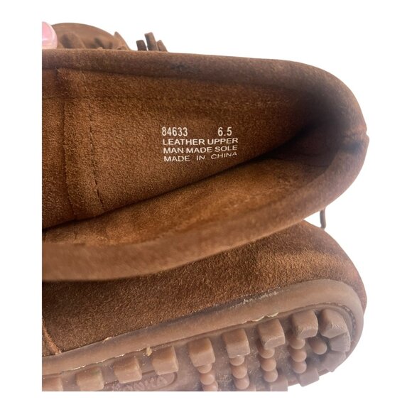Minnetonka Brown Suede Leather Double Fringe Moccasin Boots Women's Size 6.5 - Picture 8 of 8